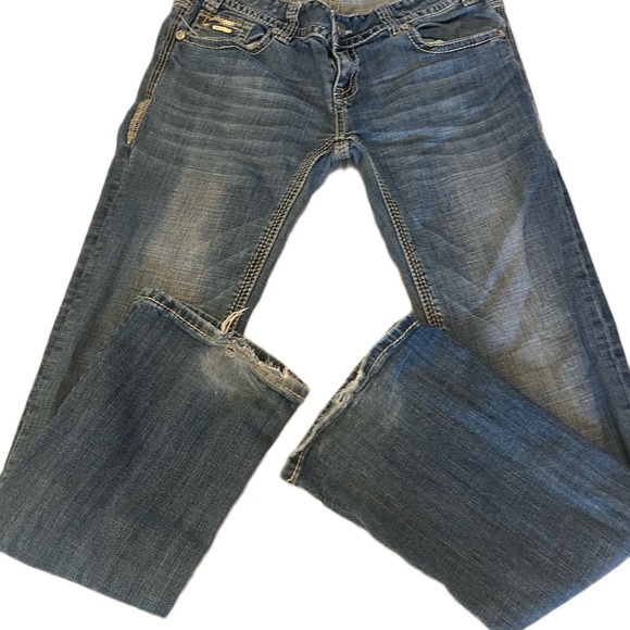 Rock & Roll Cowgirl Dark Blue Bootcut Jeans with Gold Sequin Trim - Picture 3 of 15